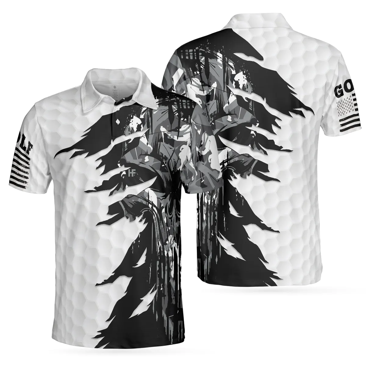 Black & White Ripped Vintage Golfing Clubs Skull Camouflage Polo Shirt, American Flag Polo Shirt, Camo Golf Shirt For Men