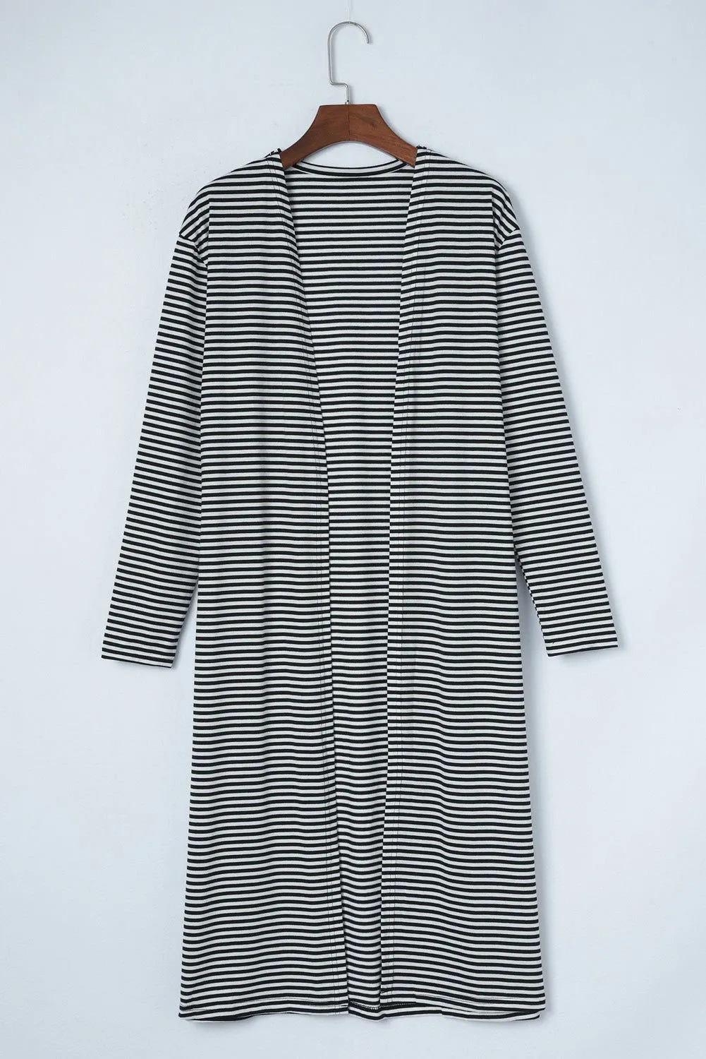 Black and White Striped Print Open Front Long Cardigan