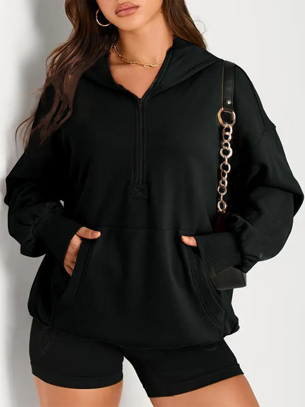 Clare Women's Solid Color Long Sleeve Hooded Solid Color Zipper Plug Sweatshirt
