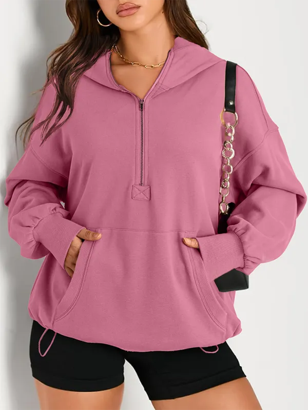 Clare Women's Solid Color Long Sleeve Hooded Solid Color Zipper Plug Sweatshirt