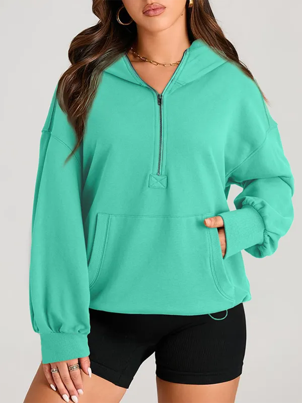 Clare Women's Solid Color Long Sleeve Hooded Solid Color Zipper Plug Sweatshirt