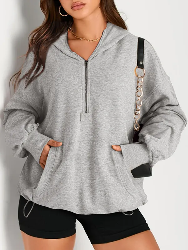Clare Women's Solid Color Long Sleeve Hooded Solid Color Zipper Plug Sweatshirt