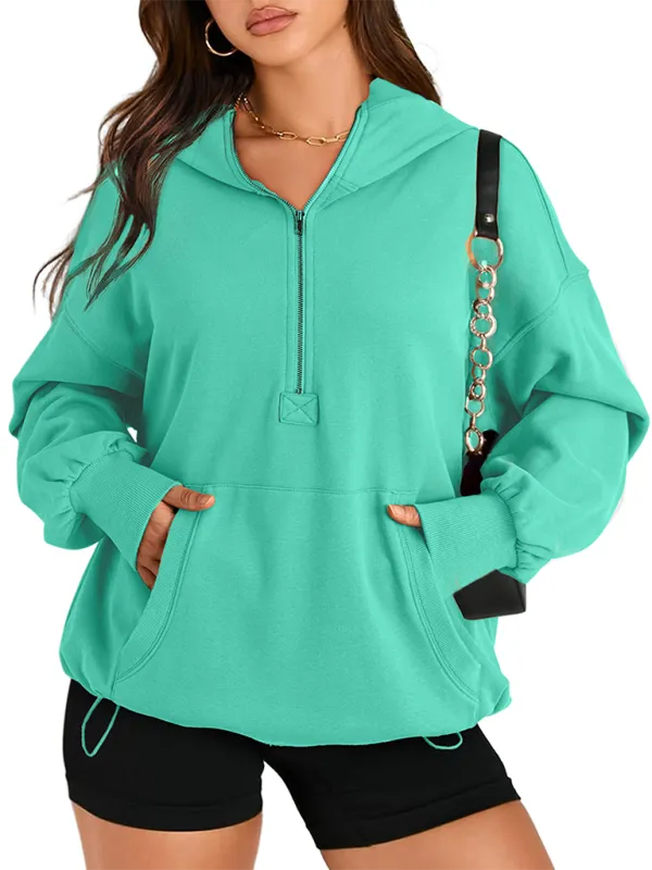 Clare Women's Solid Color Long Sleeve Hooded Solid Color Zipper Plug Sweatshirt