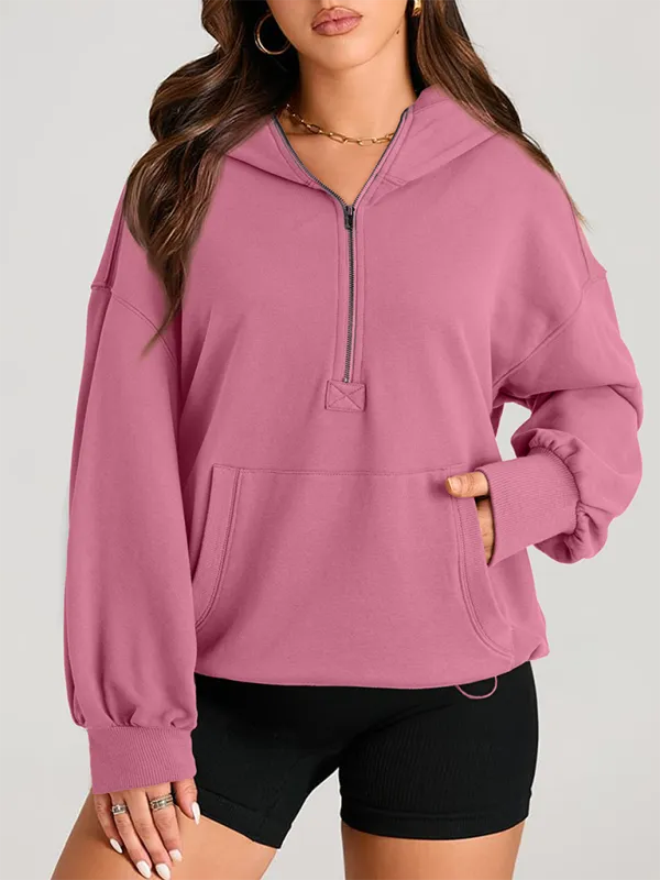 Clare Women's Solid Color Long Sleeve Hooded Solid Color Zipper Plug Sweatshirt