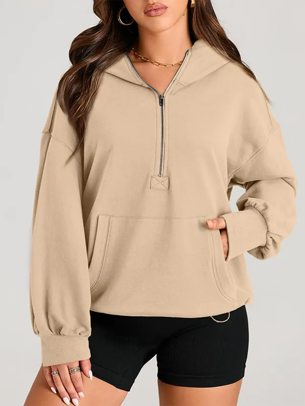 Clare Women's Solid Color Long Sleeve Hooded Solid Color Zipper Plug Sweatshirt