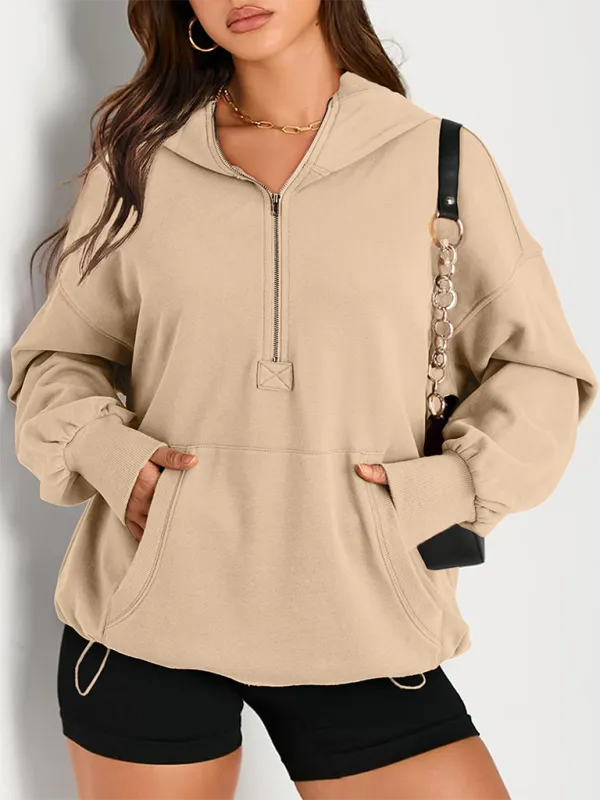 Clare Women's Solid Color Long Sleeve Hooded Solid Color Zipper Plug Sweatshirt