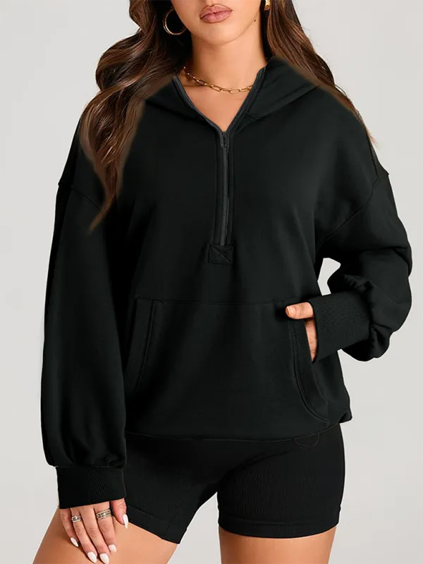 Clare Women's Solid Color Long Sleeve Hooded Solid Color Zipper Plug Sweatshirt