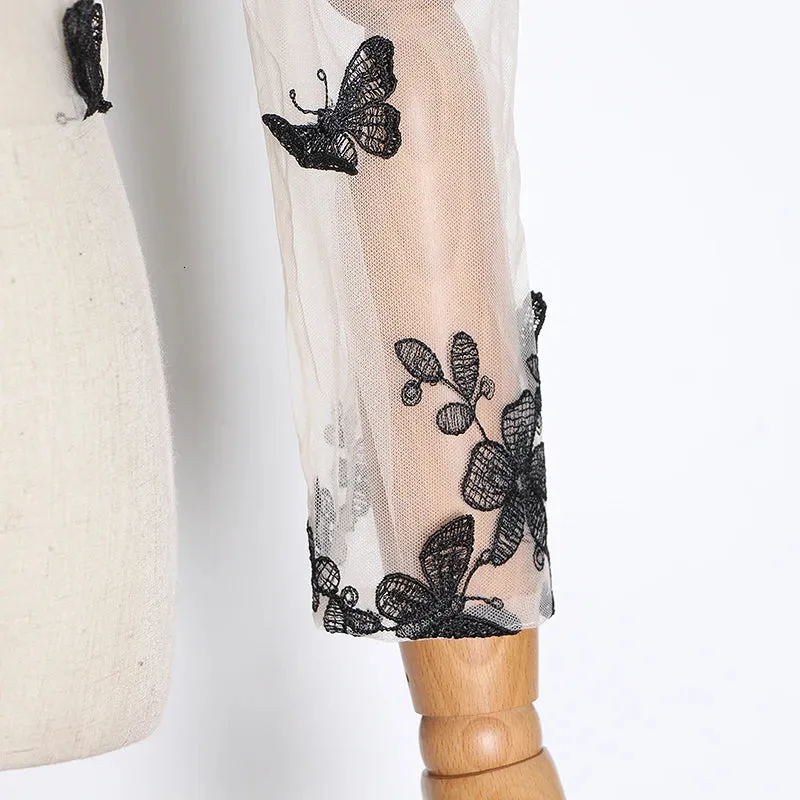 Embroidery Butterfly Mesh Shirt Women O Neck Puff Sleeve Top Perspective Blouse Female Fashion