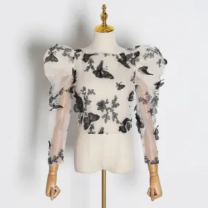 Embroidery Butterfly Mesh Shirt Women O Neck Puff Sleeve Top Perspective Blouse Female Fashion