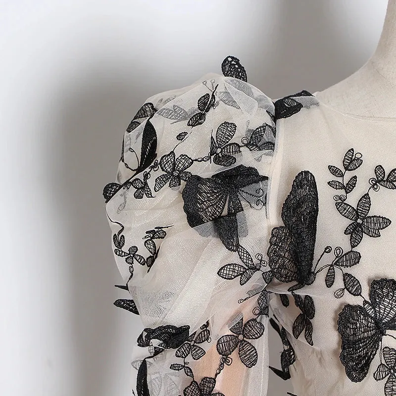 Embroidery Butterfly Mesh Shirt Women O Neck Puff Sleeve Top Perspective Blouse Female Fashion