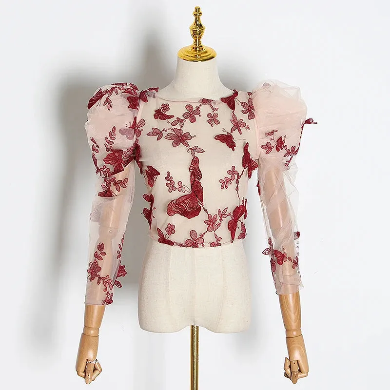 Embroidery Butterfly Mesh Shirt Women O Neck Puff Sleeve Top Perspective Blouse Female Fashion