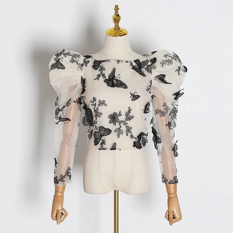 Embroidery Butterfly Mesh Shirt Women O Neck Puff Sleeve Top Perspective Blouse Female Fashion