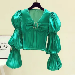 Fashion Loose Shirt For Women V Neck Puff Sleeve Solid Minimalsit Patchwork Bowknot Blouses Female Clothes