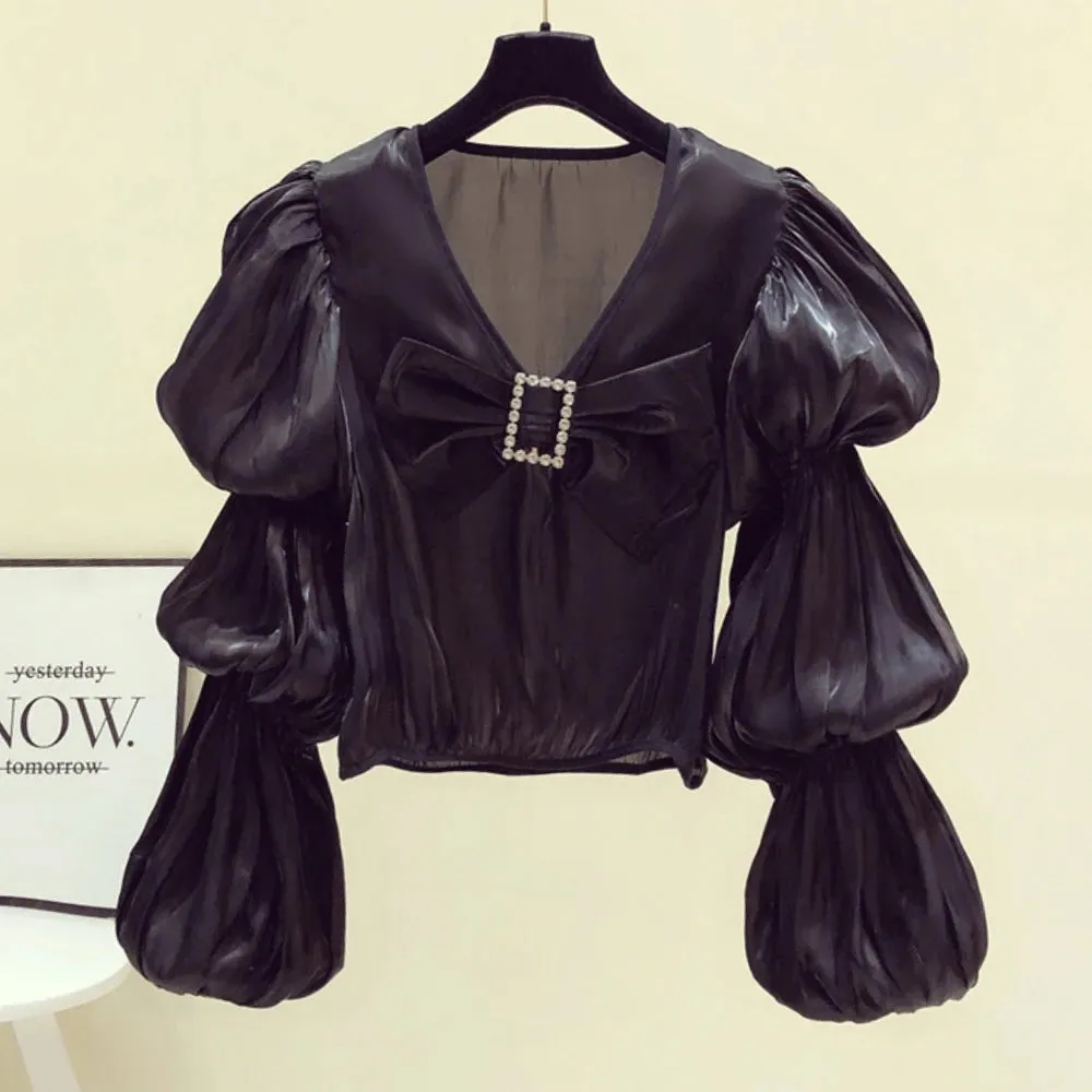Fashion Loose Shirt For Women V Neck Puff Sleeve Solid Minimalsit Patchwork Bowknot Blouses Female Clothes