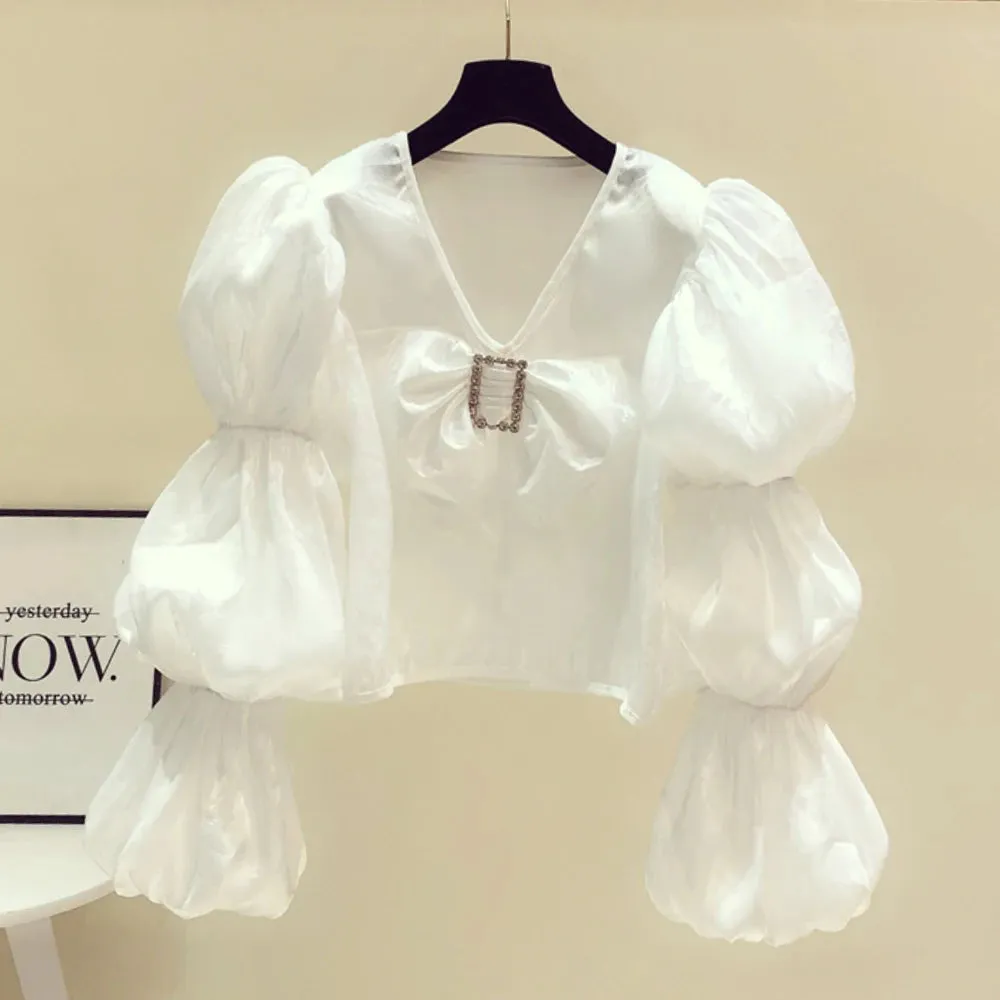 Fashion Loose Shirt For Women V Neck Puff Sleeve Solid Minimalsit Patchwork Bowknot Blouses Female Clothes
