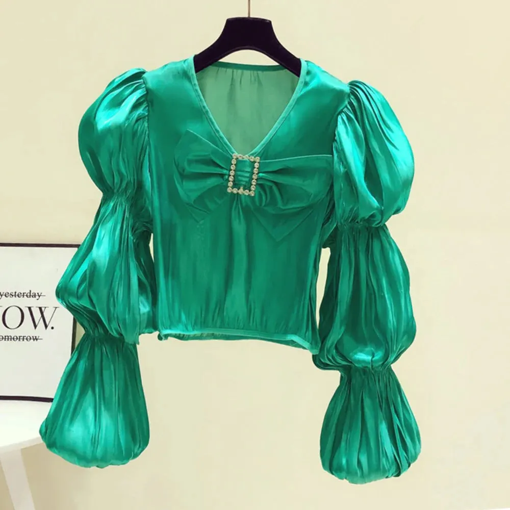 Fashion Loose Shirt For Women V Neck Puff Sleeve Solid Minimalsit Patchwork Bowknot Blouses Female Clothes