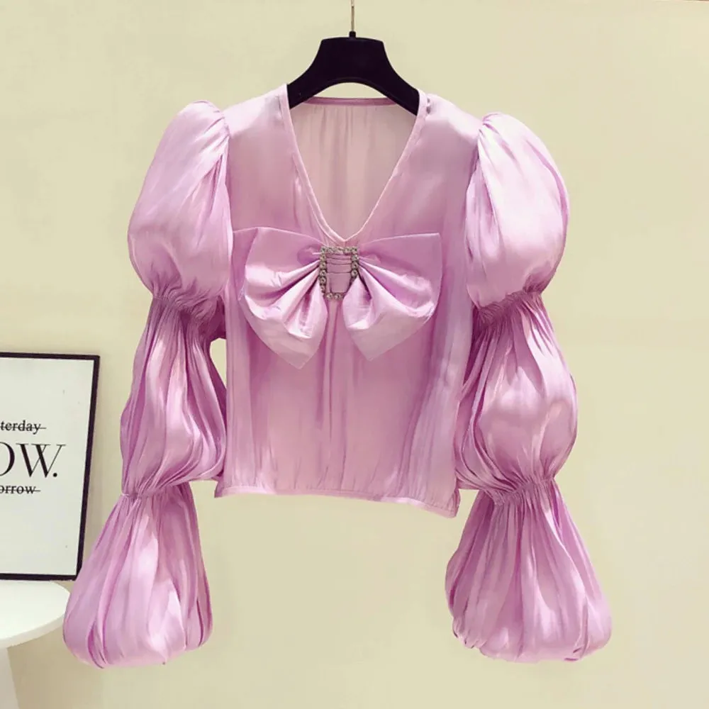 Fashion Loose Shirt For Women V Neck Puff Sleeve Solid Minimalsit Patchwork Bowknot Blouses Female Clothes