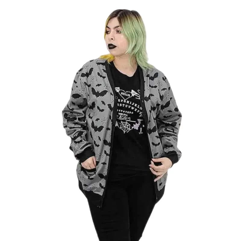 Gothic Black Bat Loose Zip Up Cardigan