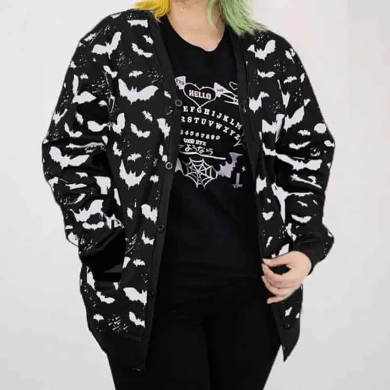 Gothic Black Bat Loose Zip Up Cardigan