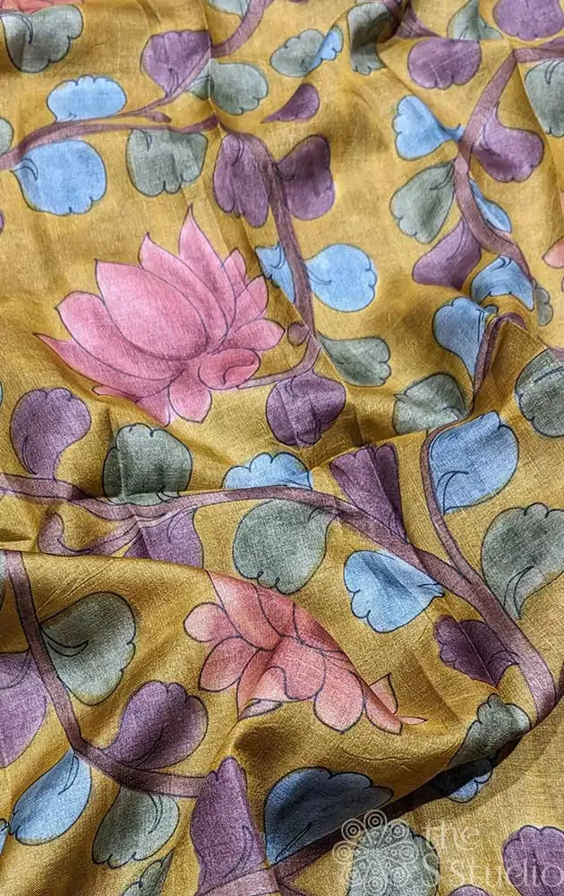 Mustard with purple handpainted pen kalamkari tussar fabric