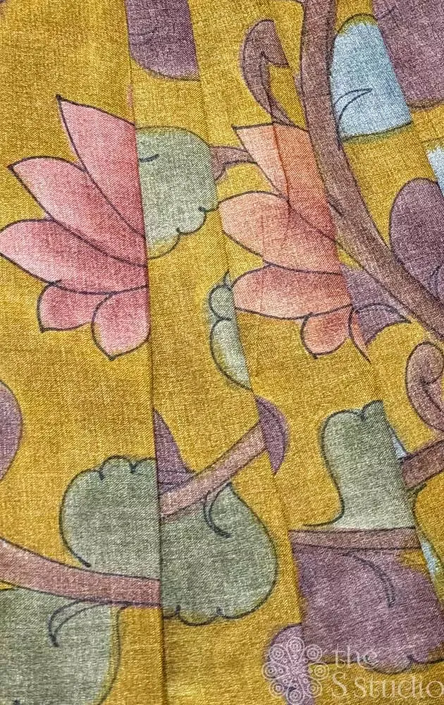 Mustard with purple handpainted pen kalamkari tussar fabric
