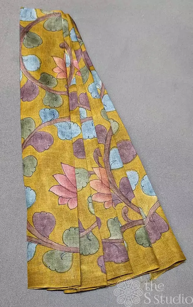 Mustard with purple handpainted pen kalamkari tussar fabric