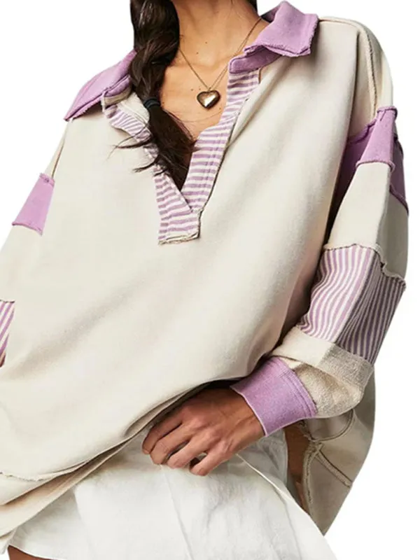 Nikita Women's Loose V-Neck Casual Long-Sleeved Patchwork Sweatshirt
