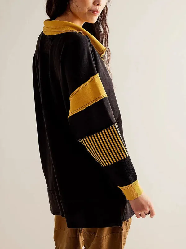 Nikita Women's Loose V-Neck Casual Long-Sleeved Patchwork Sweatshirt