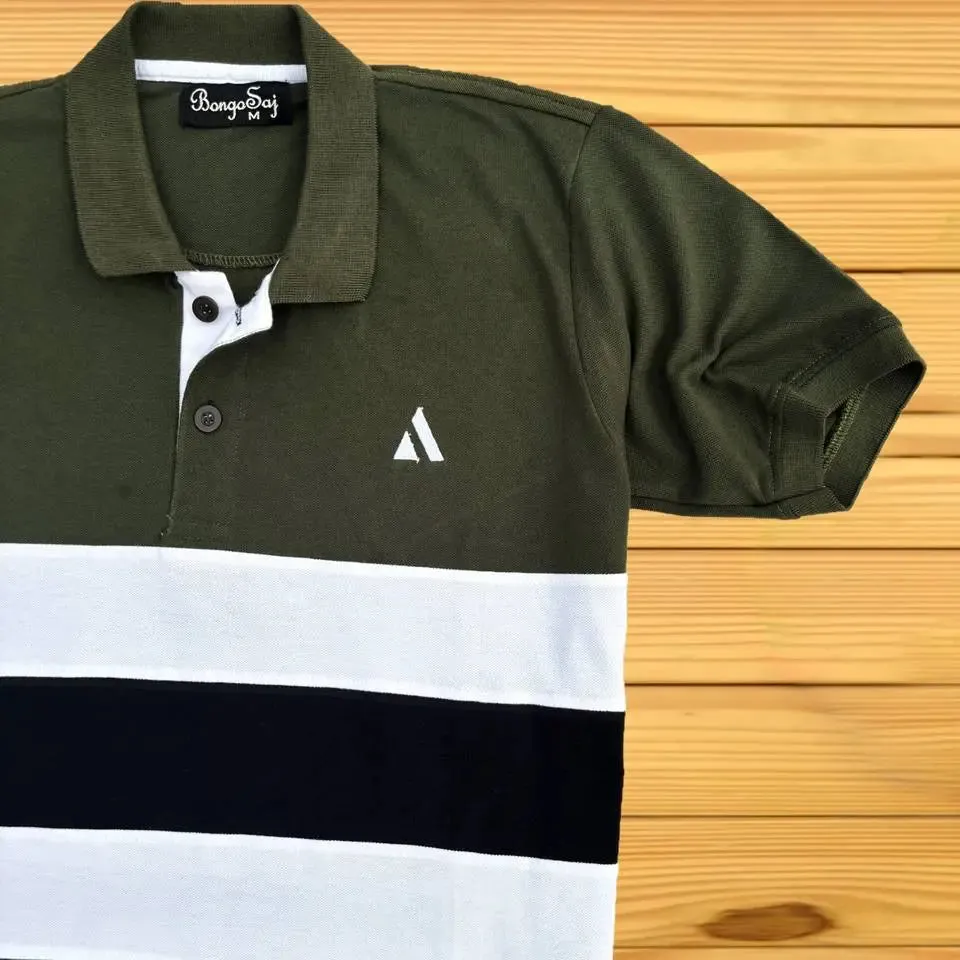 Olive Green Polo T-Shirt White & Black Design
