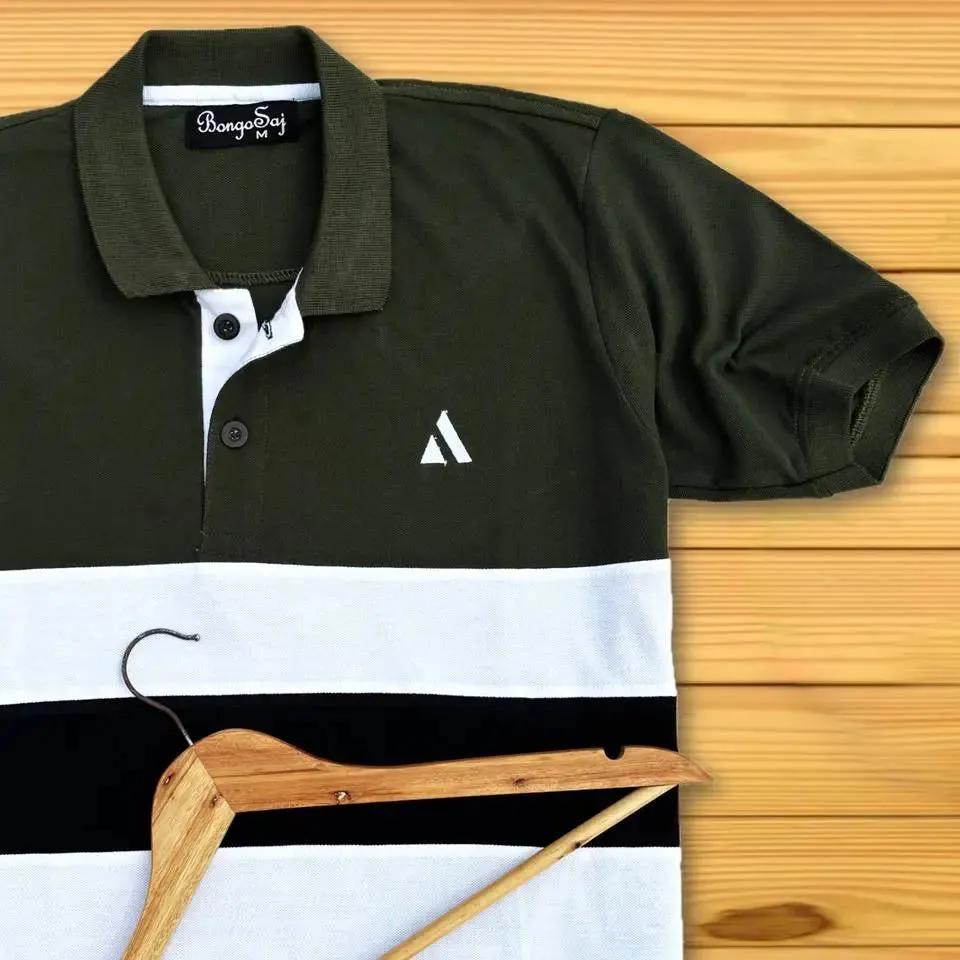 Olive Green Polo T-Shirt White & Black Design