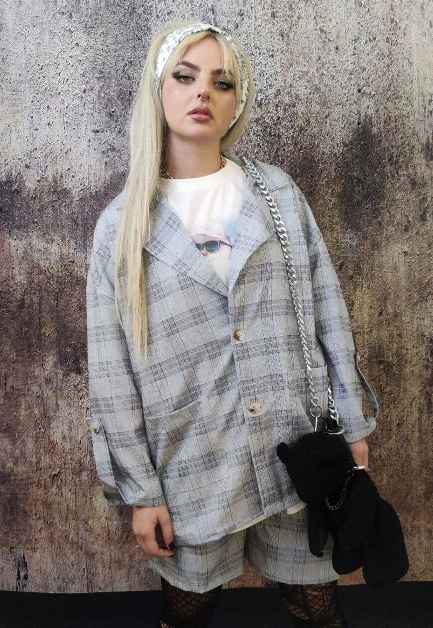 Plaid check sports suit casual loose fit shorts blazer set