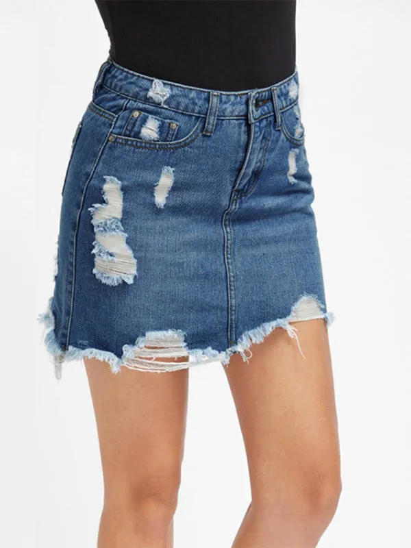 Skirt - Ripped Fringed Loose Denim