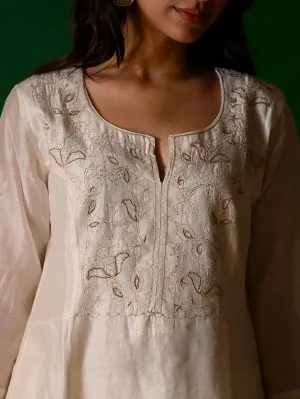 White embroidery Kurta   White Chanderi pants