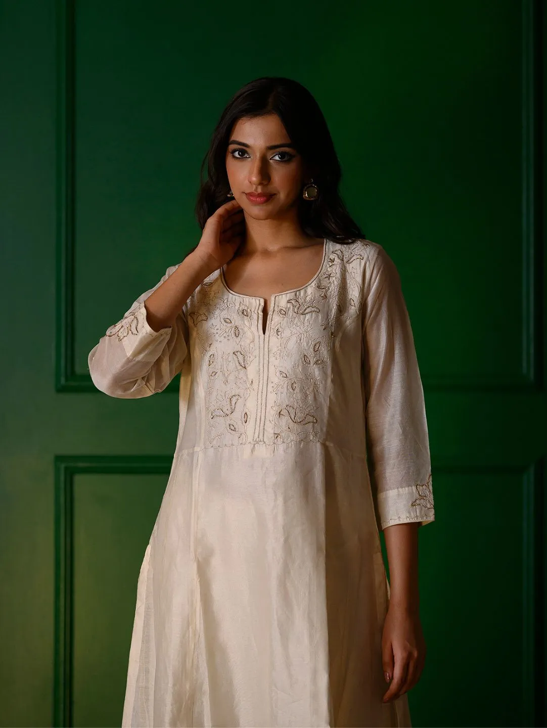 White embroidery Kurta   White Chanderi pants