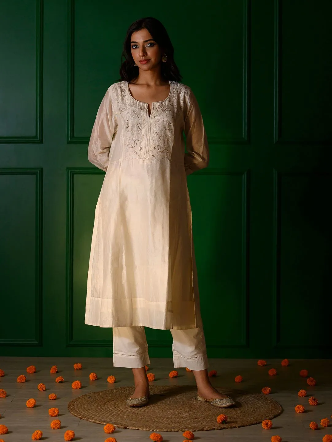 White embroidery Kurta   White Chanderi pants