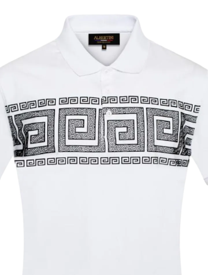 White Men's Greek Key Printed Short Sleeve Polo Shirt Regular-Fit