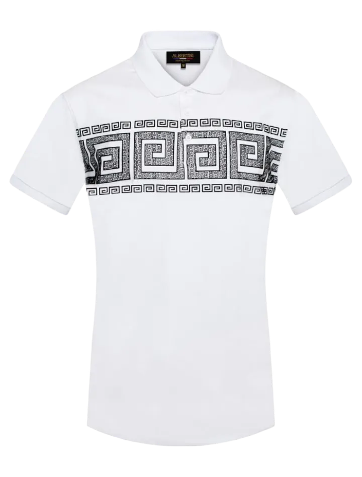 White Men's Greek Key Printed Short Sleeve Polo Shirt Regular-Fit