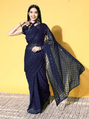 Women Party Wear Designer Blue Colour Soft Georgette Fabric Sequence Embroidery Worked Saree Collection