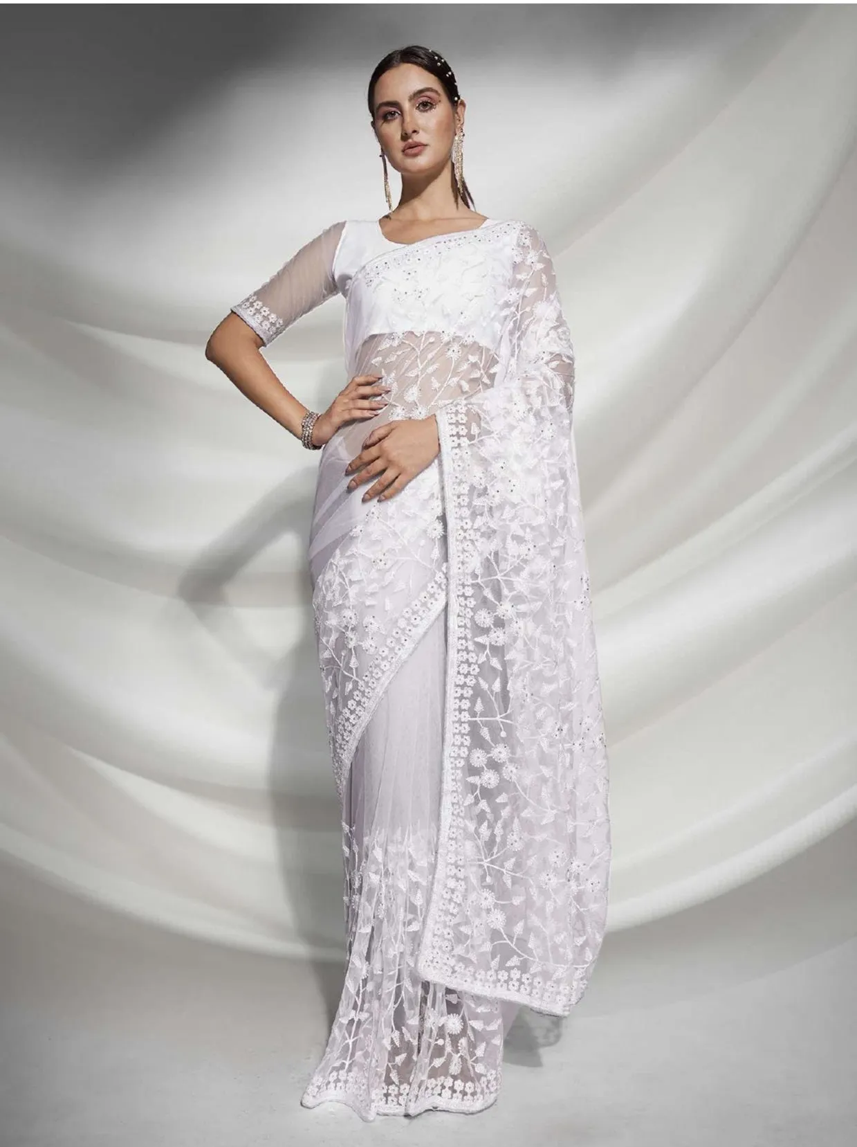 Women Party Wear Embroidery Worked White Colour Soft Net Saree Collection