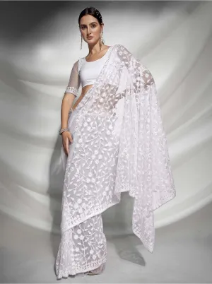 Women Party Wear Embroidery Worked White Colour Soft Net Saree Collection