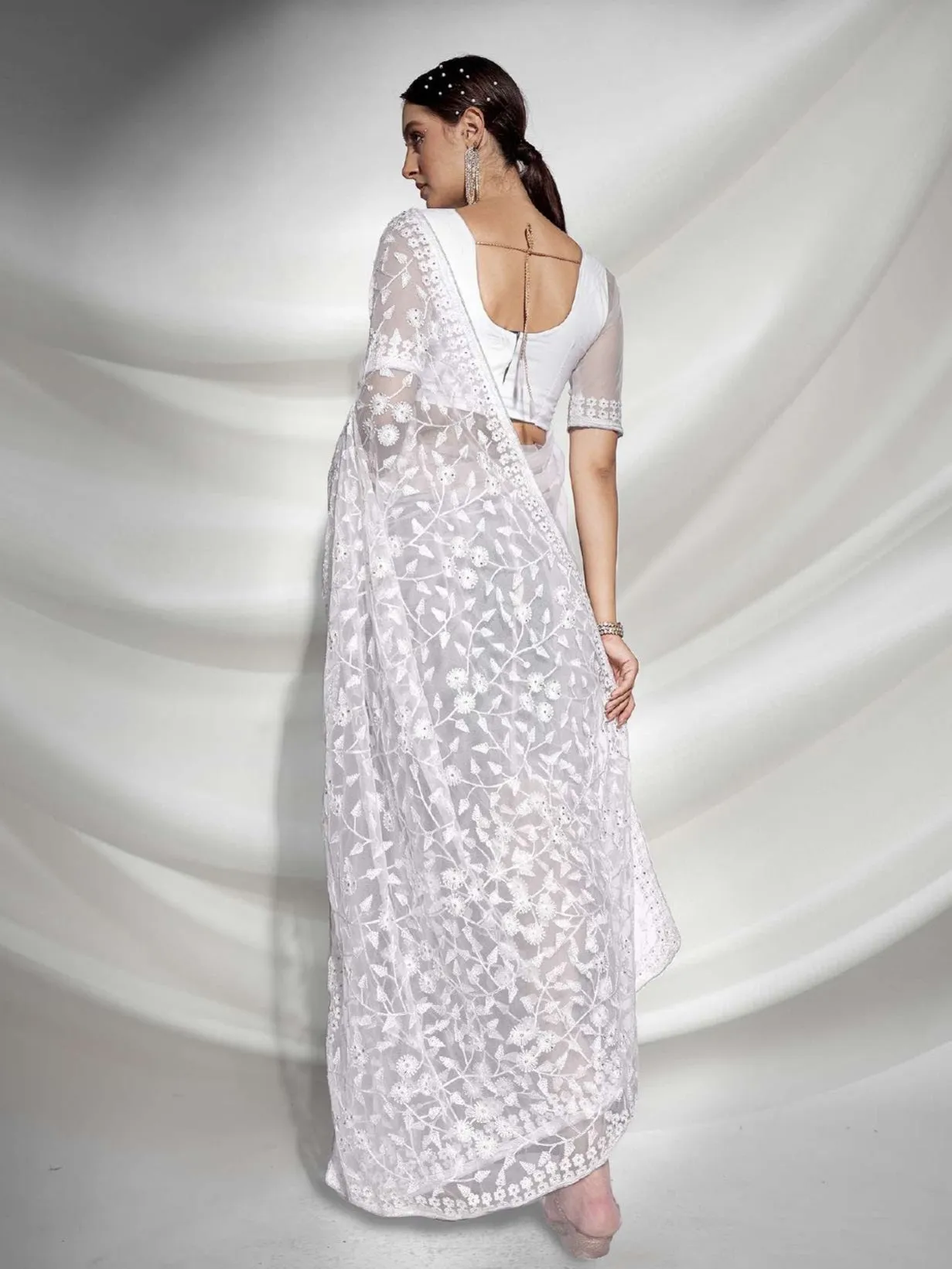 Women Party Wear Embroidery Worked White Colour Soft Net Saree Collection