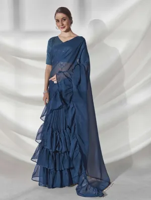 Women Party Wear Ruffle Pattern Pastel Colour Organza Saree Collection
